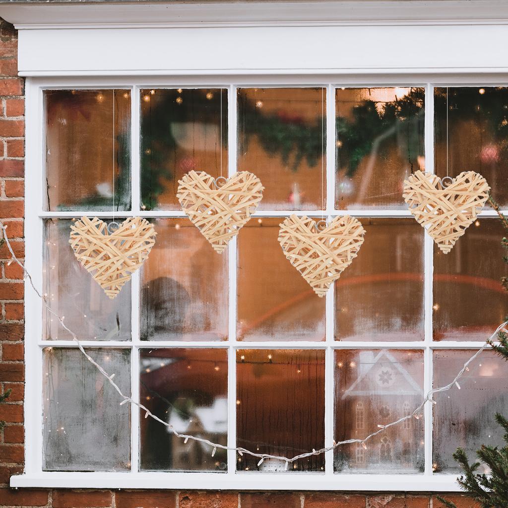 4pcs Willow Woven Heart-Shaped Pendant 15Cm Rattan Hanging Decor For Valentine'S Day Wedding Party Festival Showcase Decoration