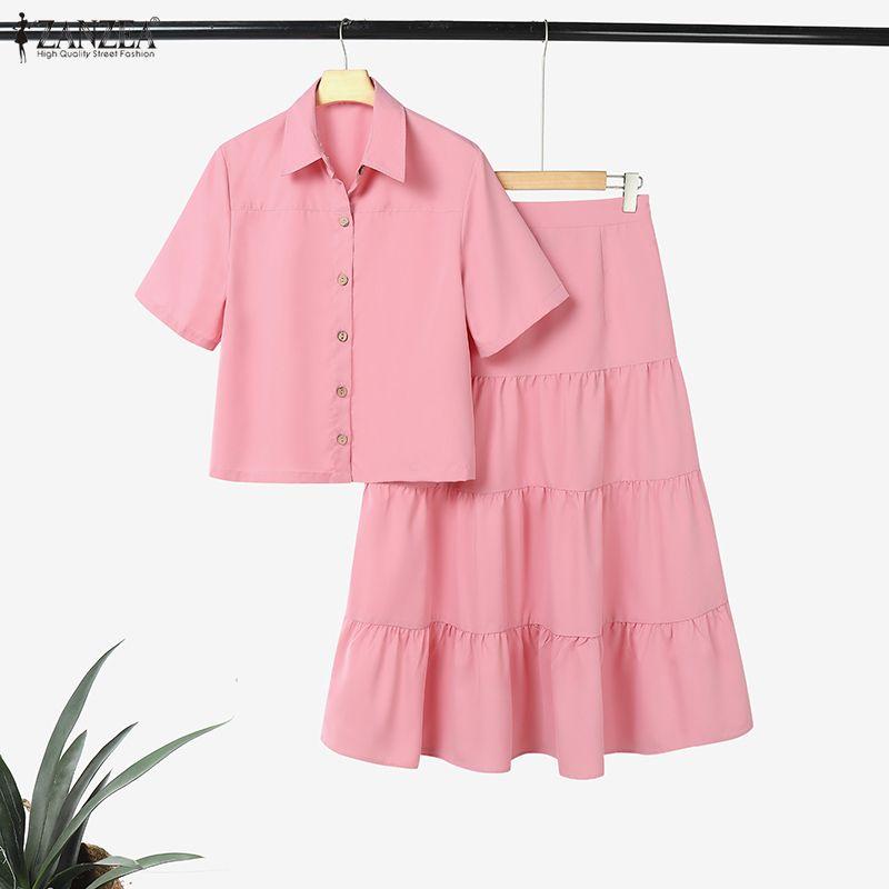 ZANZEA Женские блузки с коротким рукавом и юбки, летние комплекты из двух частей