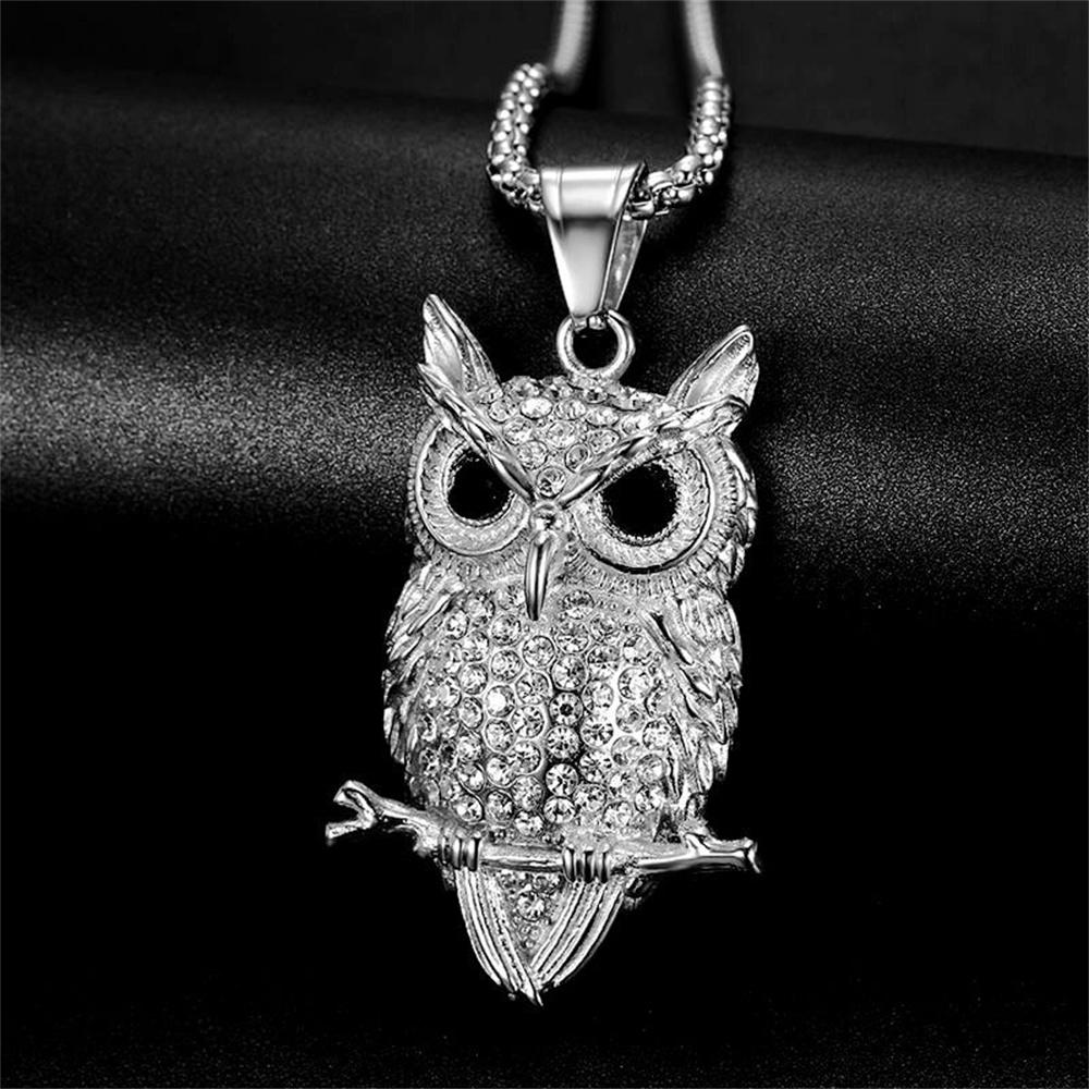Iced Stainless 316L Titanium Steel Bling Owl Animals Pendant Necklaces for Men Women No Fade Punk Rock Hip Hop Jewelry