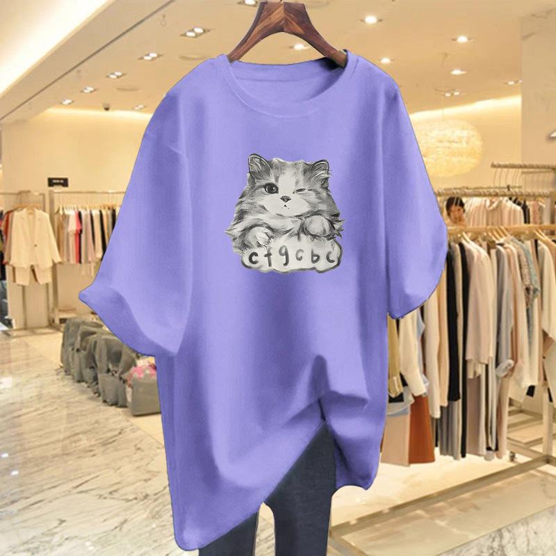 Женская летняя свободная хлопковая футболка с мультяшным принтом кота