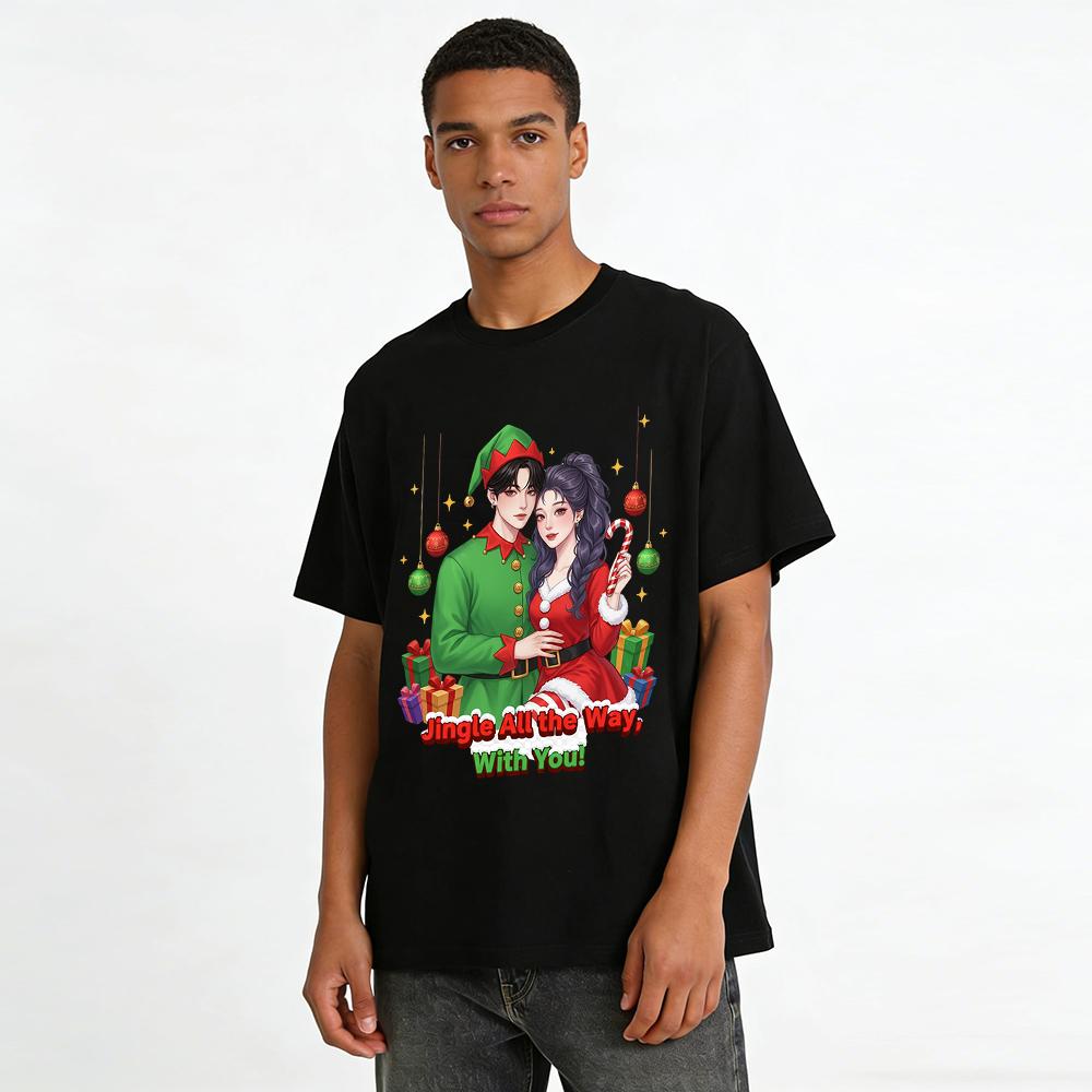Couple Christmas Elf Print Top Festive Vibe Loose Casual Long Sleeve T-Shirt Pure cotton T-shirt
