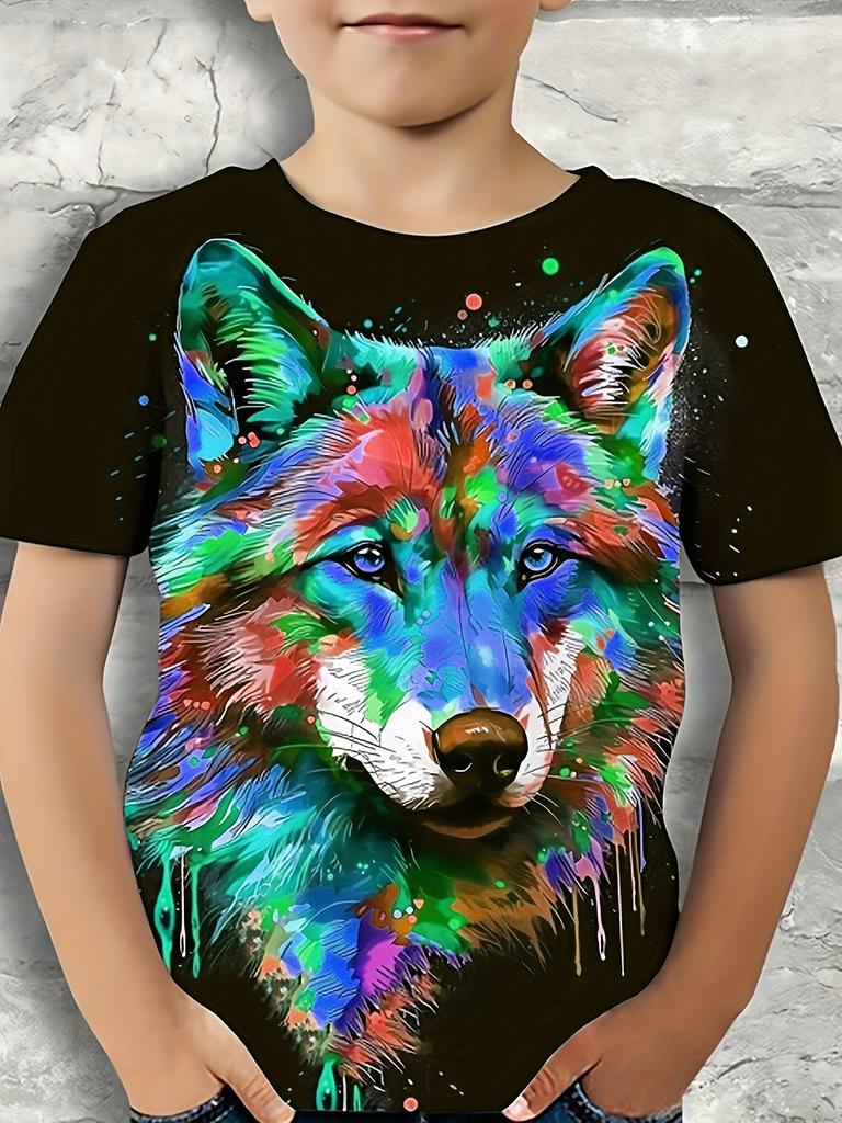 Summer Cool Wolf Graphic T-Shirt For Boys - 3D Digital Print, Casual Stretch Tee For Summer Outings
