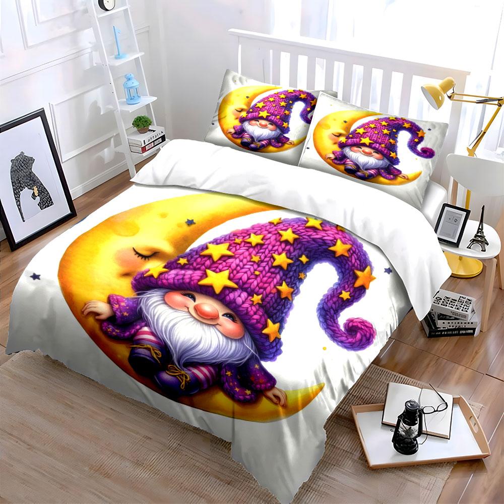 Gnome on Moon with Star Hat Bedding Duvet Cover Set (1*Duvet Cover 2*Pillowcases, without duvet insert)