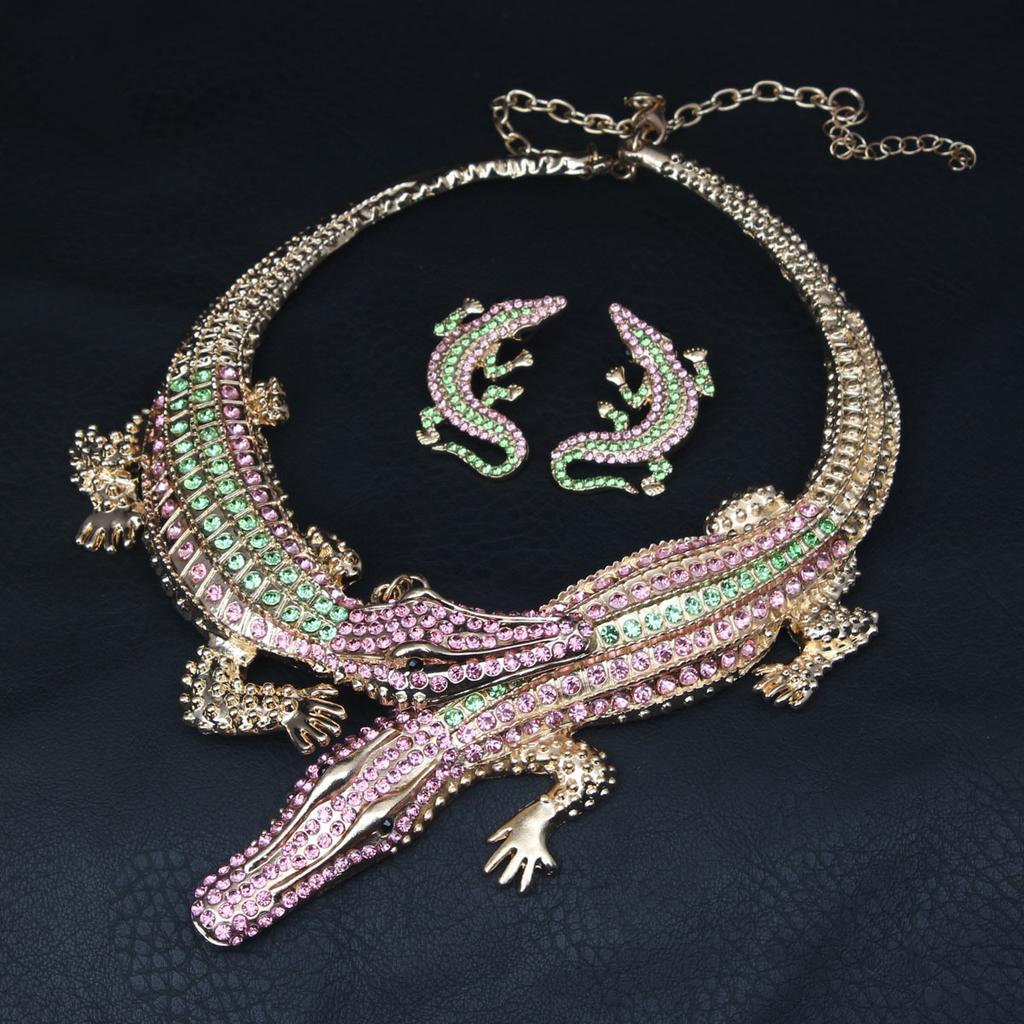 Vintage Exaggerated Crocodile Necklace Earrings Set with Diamond Personalized Collar Women's Accessories