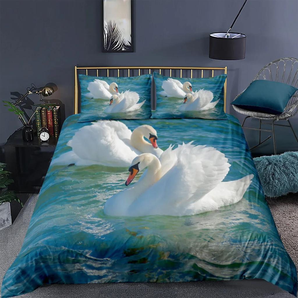 Print Swan Bedding Sets US King 259x229cm High Quality Super Soft Comfortable Cotton Bedding Set Home Textile Duvet Cover Set