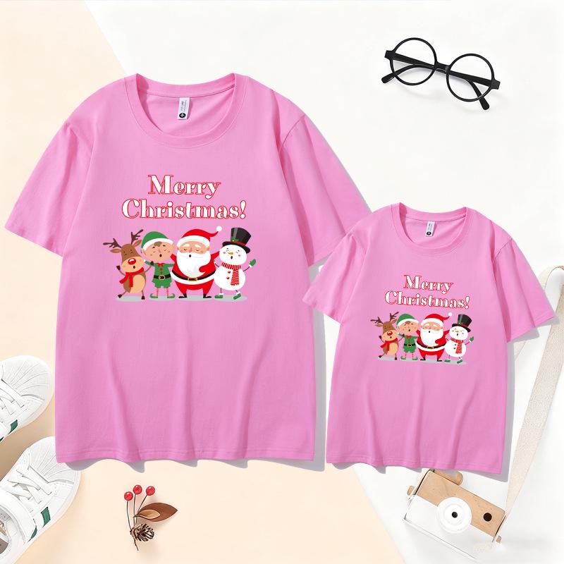 2026 Christmas Parent-Child T-Shirt - Santa & Reindeer Design for Families of 3-4, Pure Cotton, Short-Sleeve