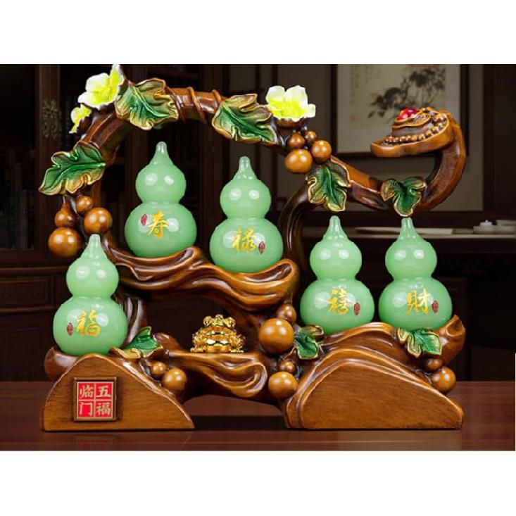 Five Blessings Gourd Statue - Handcrafted Glass Feng Shui Decor with Fortune Toads, Wealth Symbols & Gift Box for Home Office, Housewarming