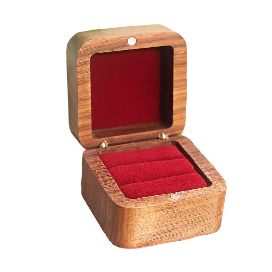 Коробка для хранения колец Эксклюзивный футляр для хранения обручального кольца С бархатной подкладкой Дерево грецкого ореха Квадратный дизайн Компактный органайзер для ювелирных изделий