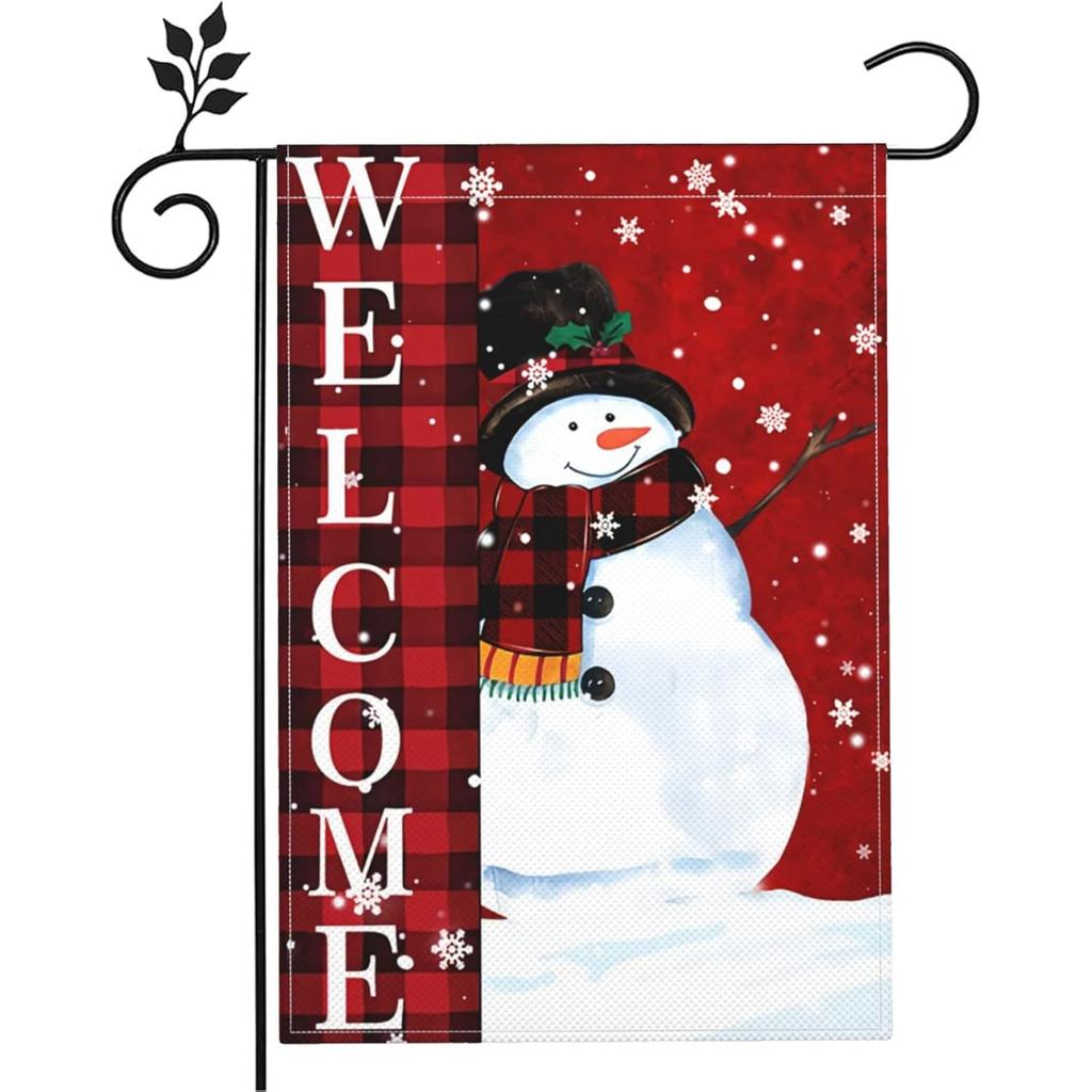 Winter Garden Flag Vertical Double Sided Buffalo Plaid Winter Snowman Welcome Yard Flag Rustic Yard Outdoor Decorations