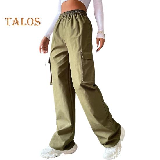 Женские брюки-карго с эластичной талией, широкие однотонные брюки, повседневные спортивные штаны с боковым карманом-клапаном