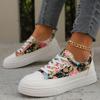 fashion Pu Leather Printed Flat Sneakers for Women 2024 Plus Size Fashion Lightweight Walking Shoes Woman Lace Up Non Slip Casual Shoes