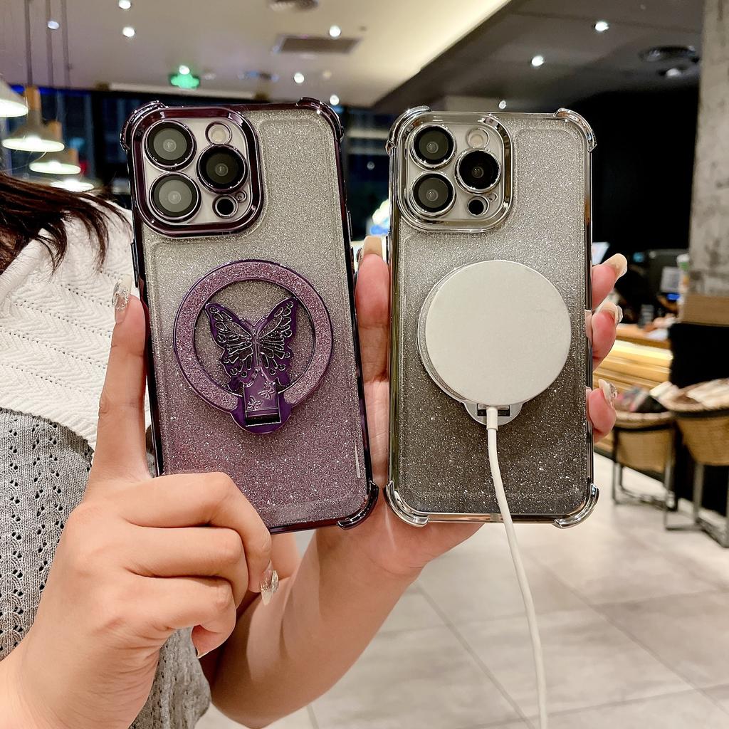 Подходит для чехла для мобильного телефона iPhone16 Магнитный чехол с блестками и подставкой-бабочкой 14 Apple 15 Четырехугольная подушка безопасности Противоударный чехол
