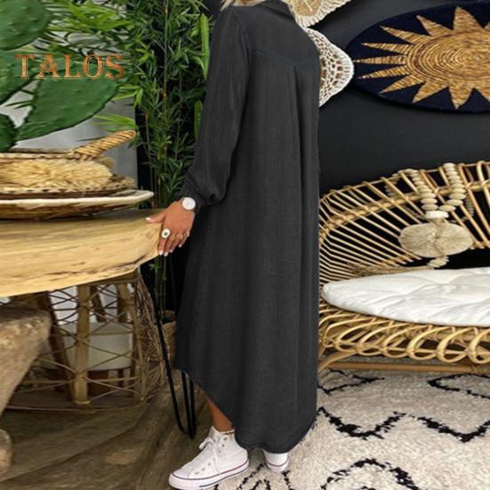 Осенне-весеннее женское платье однобортное с лацканами, свободный покрой, длинные рукава, нагрудный карман, разрез по низу, платье больших размеров, однотонное, на пуговицах, А-силуэт, повседневная одежда, макси