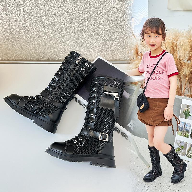 Girls Summer Boots 2024 Children Fashion Versatile Buckle Hollow Chic Sweet Princess High Boots Kids Versatile Street Style PU