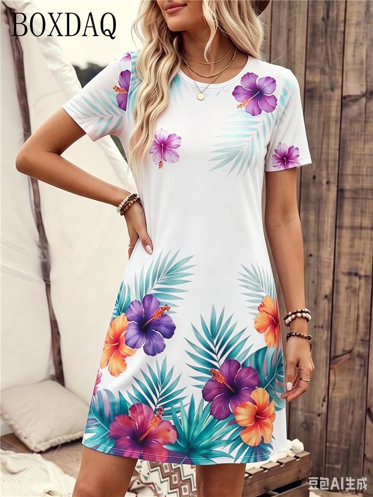 New Women's Round Neck Short Sleeved Loose Dress with Floral Print A-line Beach Dress, Casual and Comfortable Women's Clothing