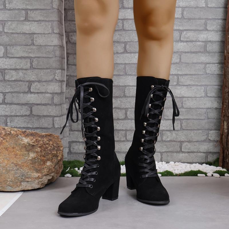 Winter Shoes for Female Front Lace-up Women's Mid-Calf Boots Square Heel High Heel Women's Shoes Cross-tied Ladies Boots