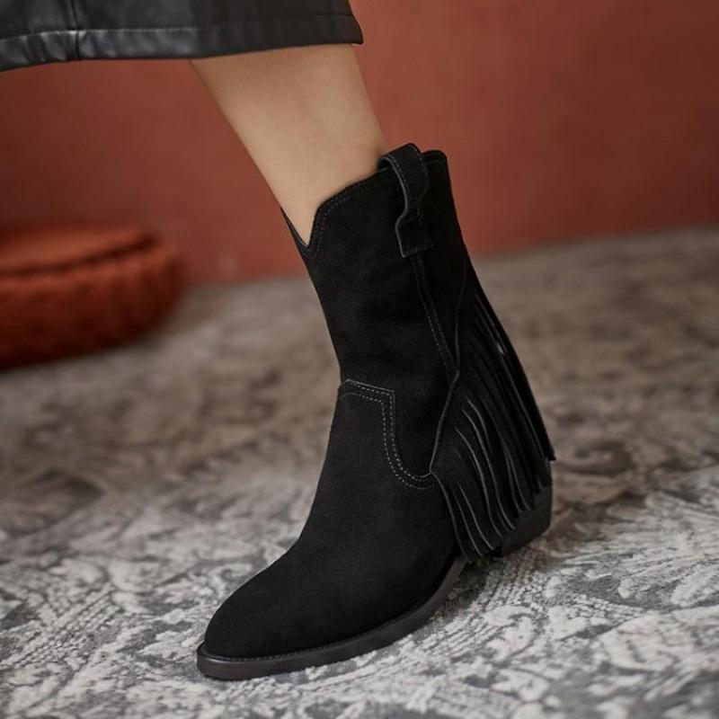 Fashion Ladies Mid Calf Shoes Tassel Brown Women's Half High Boots Wedge Heel Quality On Promotion Footwear Winter 2024 Novelty Gothic