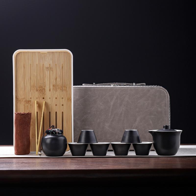 Outdoor simple black pottery coarse pottery travel tea set ceramic portable tea gift box Kung Fu Kuaike cup printing