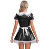 Women's Wet Look Leather French Maid Cosplay Costume Puff Sleeve Party Mini Dress