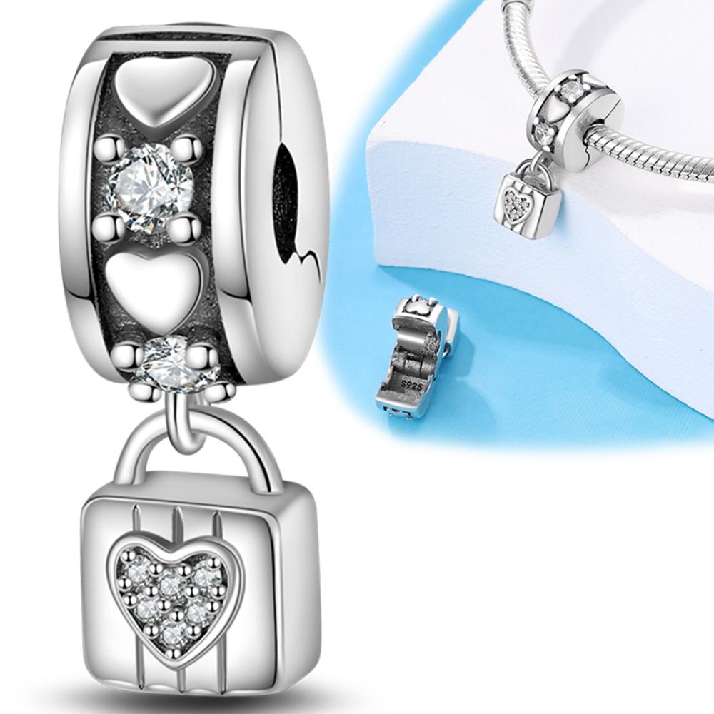 S925 Sterling Silver Key & Lock Heart Pendant Fit Charms Silver S925 Original Bracelet for Jewelry Making