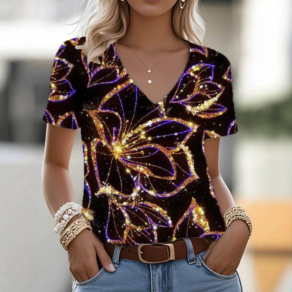 New summer new print casual v-neck T-shirt trendy creative elements suitable for casual T-shirts