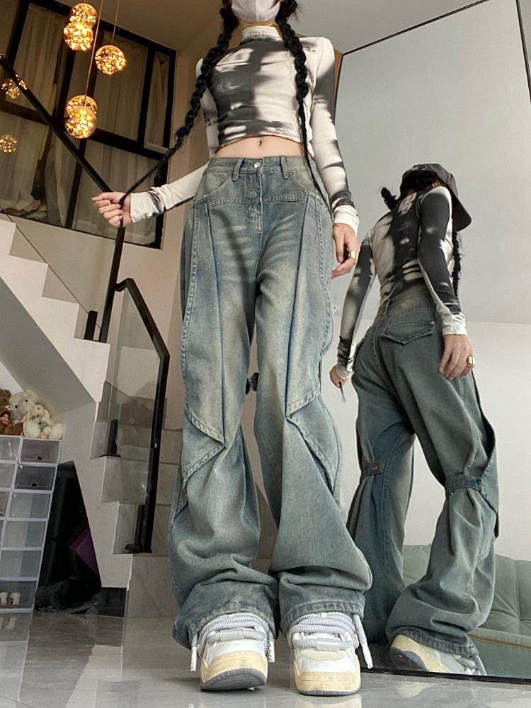 Blue American Vintage High Waist Chic Jeans Women Fashion Y2K Streetwear Wide Leg Pants Female 90s Deisign Sense Casual Baggy Denim Trouser