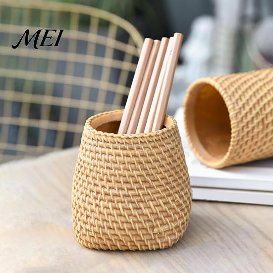 Pencil Organizer Faux Rattan Pen Holder, Woven Style Makeup Brush Boho Desk Desktop Organizer, Multi-functional Resin Cup for Home Office Storage