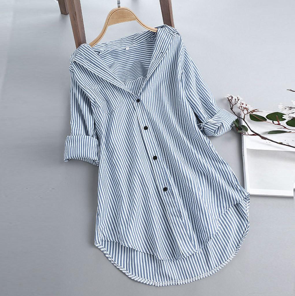 Women Stripe Long Sleeve Turn-down Collar Button Loose Top Shirts Blouse