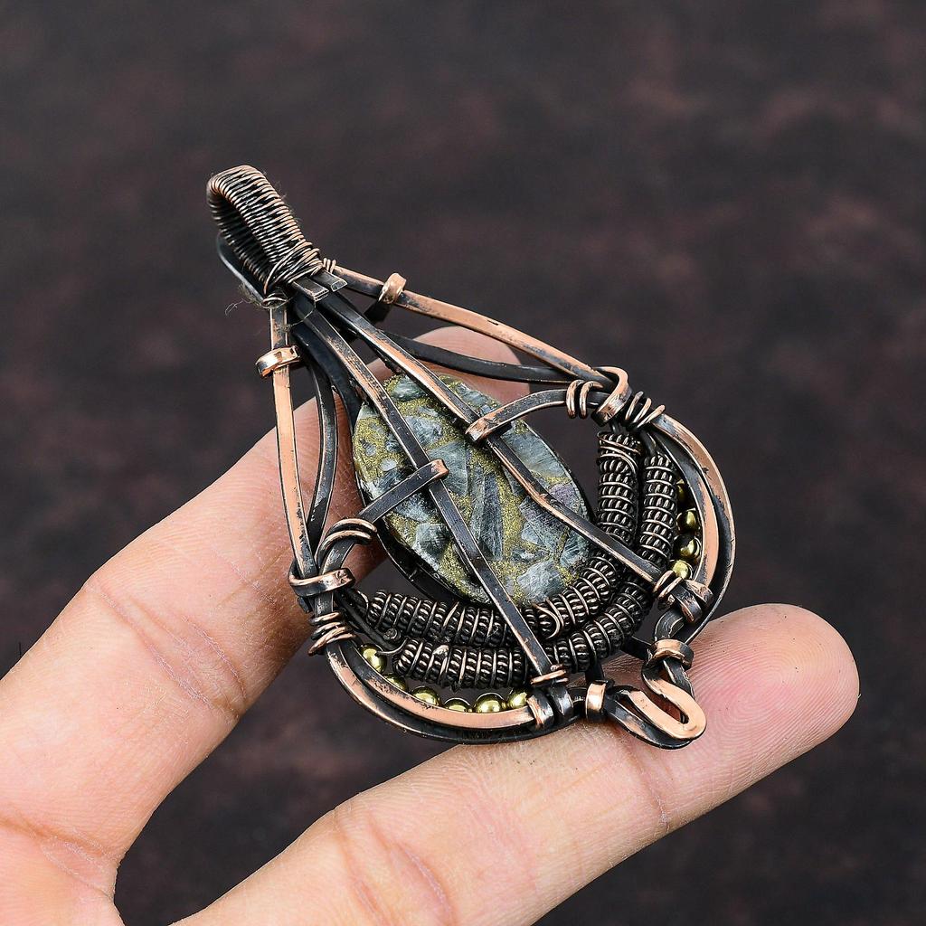 Copper Seraphinite Pendant Copper Wire Wrapped Jewelry Gemstone Pendant Copper Pendant Wire Wrapped Pendant Gift For Bridal Handmade Jewelry