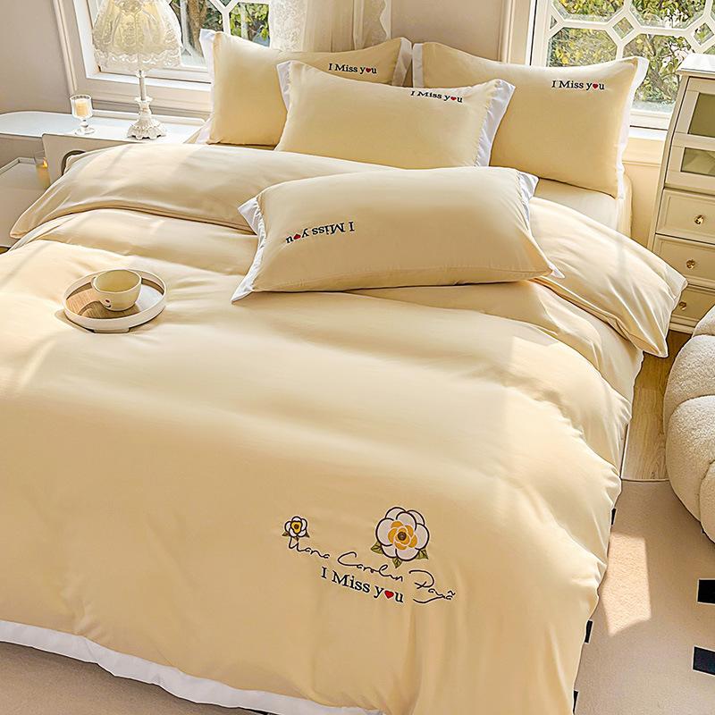 Ins Korean Version of Washed Cotton Bedding Four-piece Set Bed Sheet Quilt Cover Embroidery Dormitory Bedding Three-piece Set