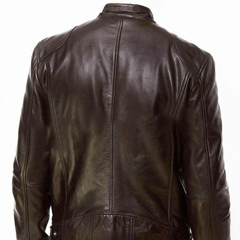 Модная мужская кожаная куртка Slim Fit с воротником-стойкой, пальто из искусственной кожи, мужское ветрозащитное пальто с мотоциклетными лацканами, диагональная молния, верхняя одежда