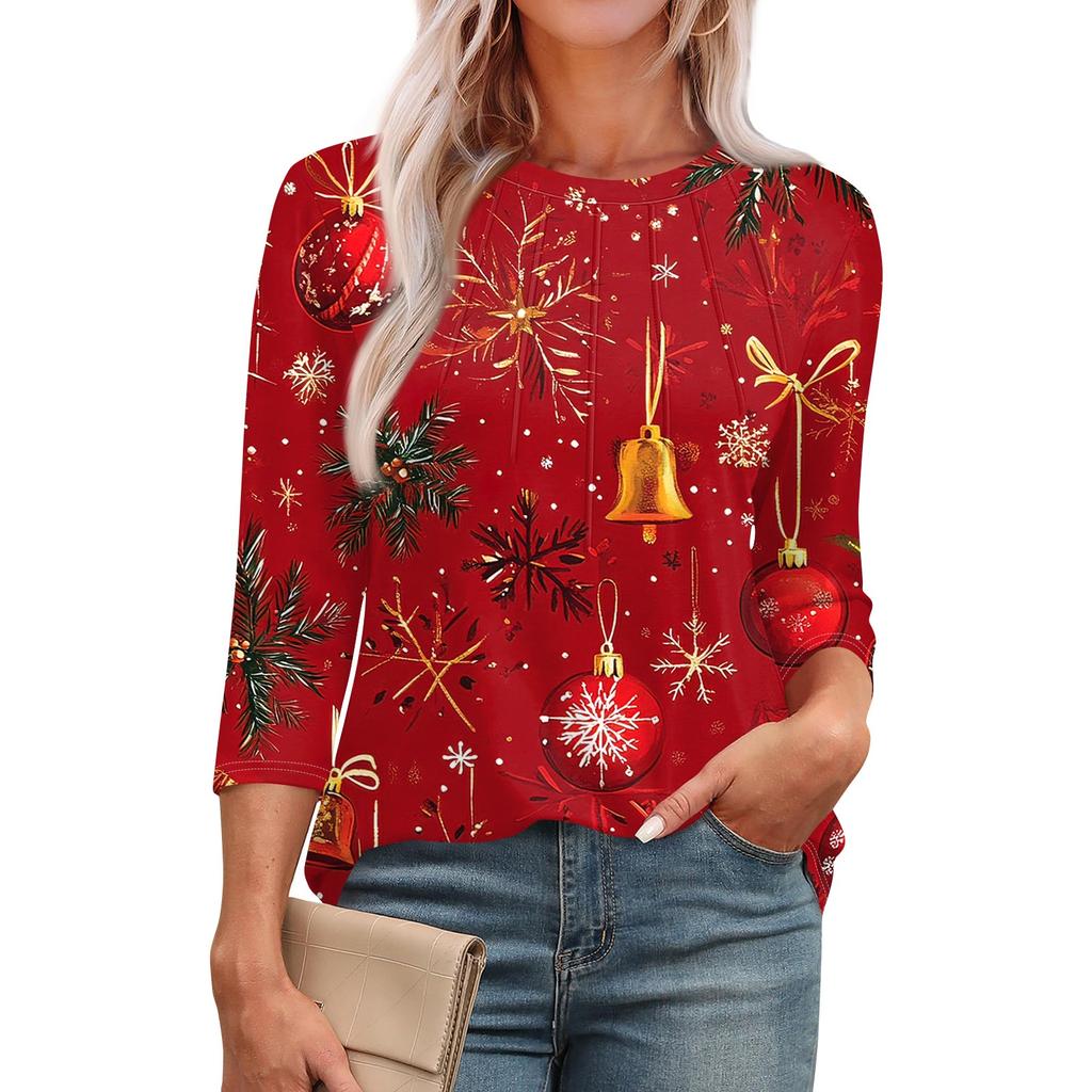 Женская модная футболка с круглым вырезом и рукавом 3/4 с рождественскими принтами, повседневная базовая плиссированная футболка-пуловер