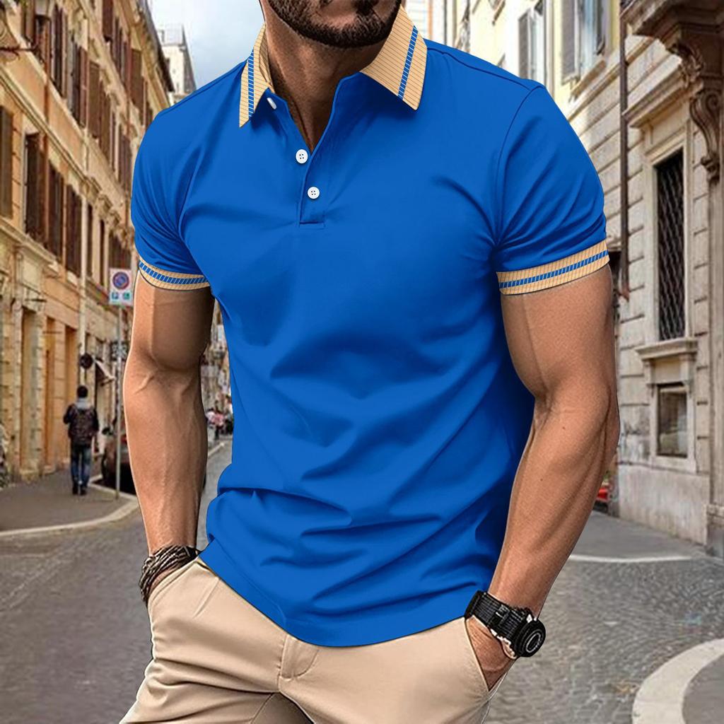 Men's Fashion Polo Shirt Colour Blocking Buttons Top Men's Sports Polo Shirt New Short-sleeved Body Shirt