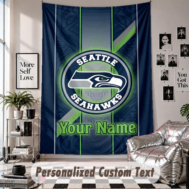 Wall Hanging Tapestry With Custom Name & Text, Seattle Seahawks Decorative Tapestry For Bedroom