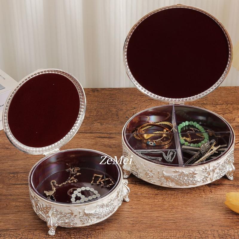 European-Style Alloy Jewelry Peacock Silver Storage Box,Earring Circle Organizer Jar Candy Container Dressing Table Decoration