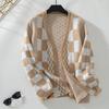 Vintage Print V Neck Loose Knitwear Cardigan Long Sleeve Sweater Top for Autumn Winter