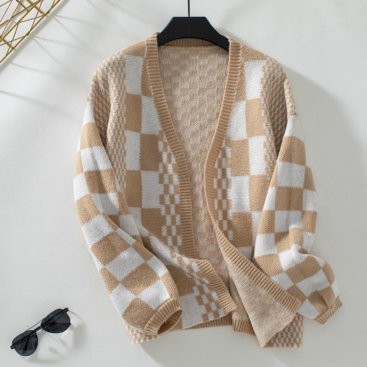 Vintage Print V Neck Loose Knitwear Cardigan Long Sleeve Sweater Top for Autumn Winter