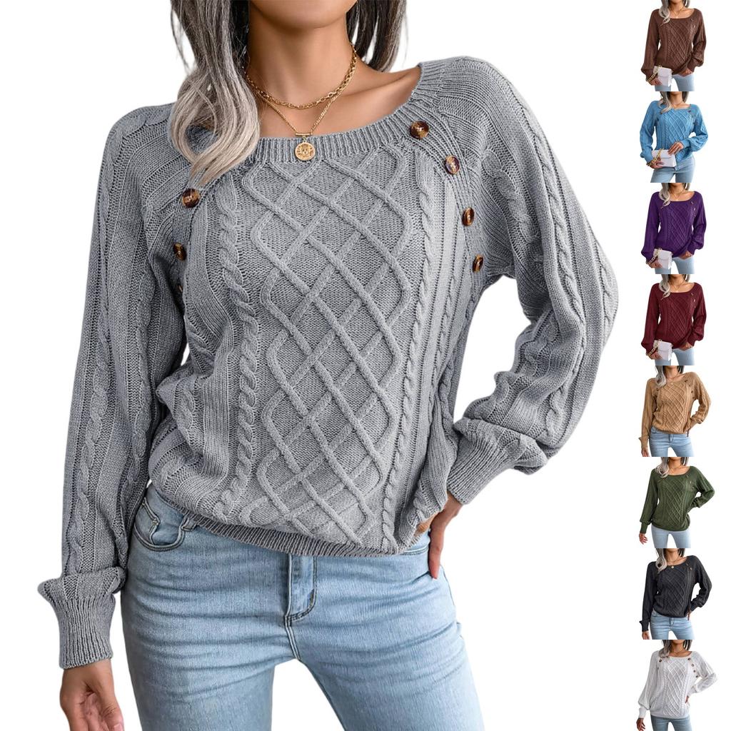 Women's Fashion Casual Solid Color Square Neck Button Cable Knit Pullover Sweater