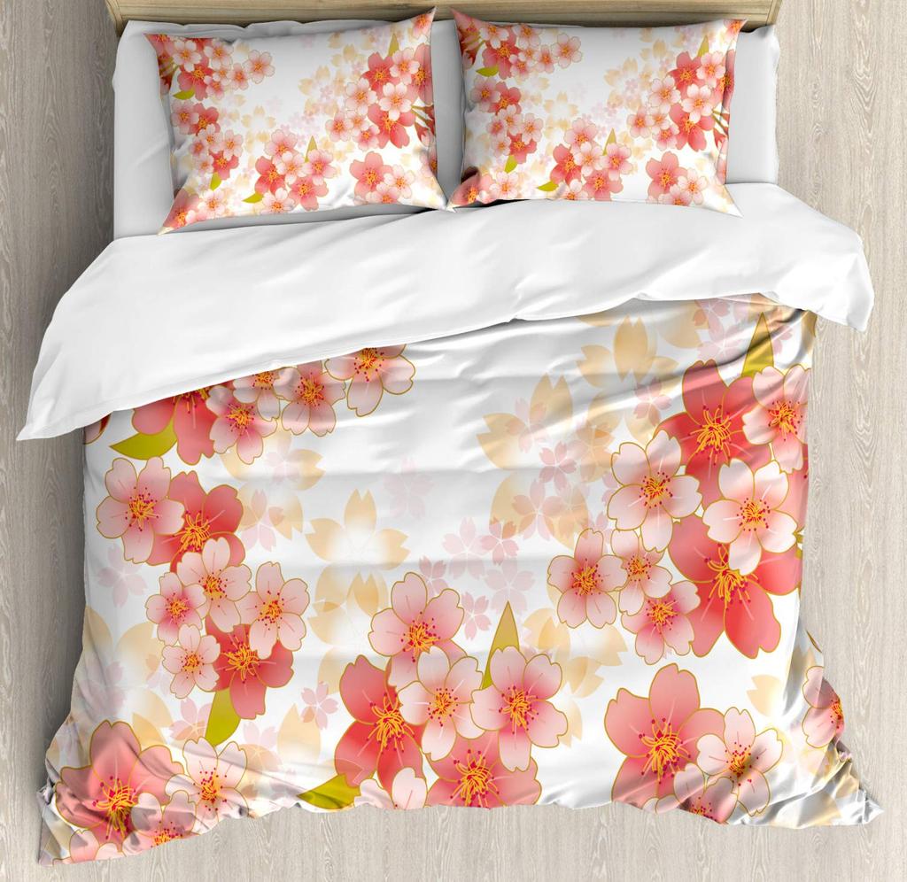 Cherry Blossoms Bedding Set Romantic Theme Pink Comforter Cover Set Duvet Cover Women Girls Couple Teen Soft Comforter,Full Size