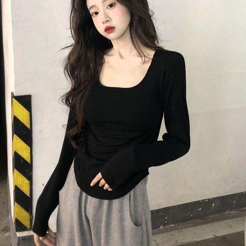 Женская новая блузка с квадратным вырезом и длинными рукавами, весна-лето, футболка с открытыми плечами, большой размер, однотонная рубашка