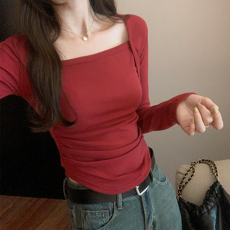 Square Collar Long Sleeve Woolen T-shirt Women's New Autumn and Winter Plus Fleece Spice Girl Short Top Tight Waist Closing Bottom Shirt