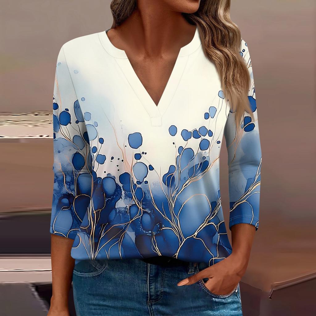 Женская футболка Футболка с принтом Рукав 3/4 Повседневные Выходные Мода Базовый V-образный вырез Обычный топ