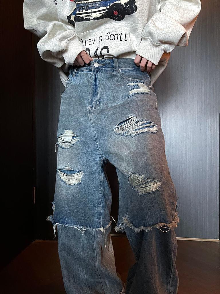 Американские рваные джинсы в стиле хип-хоп для мужчин, прямые, потертые джинсы, свободные, повседневные, ретро, джинсовые брюки 2000 года