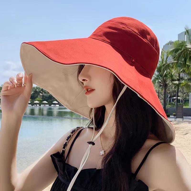 Wide Brim Sun Hat Women Anti-Uv Protection Hiking Fisherman Cap Fold Summer Solid Beach Hat Double Sided Sun Hat