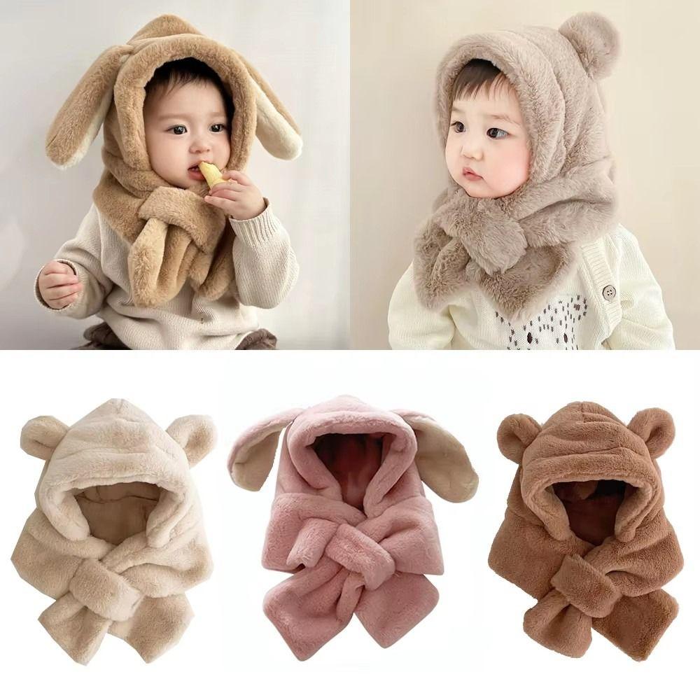 Soft Warm Baby Bear Plush Hat Winter Ear Protection Hats Lovely One-Piece Hat Scarf Kids