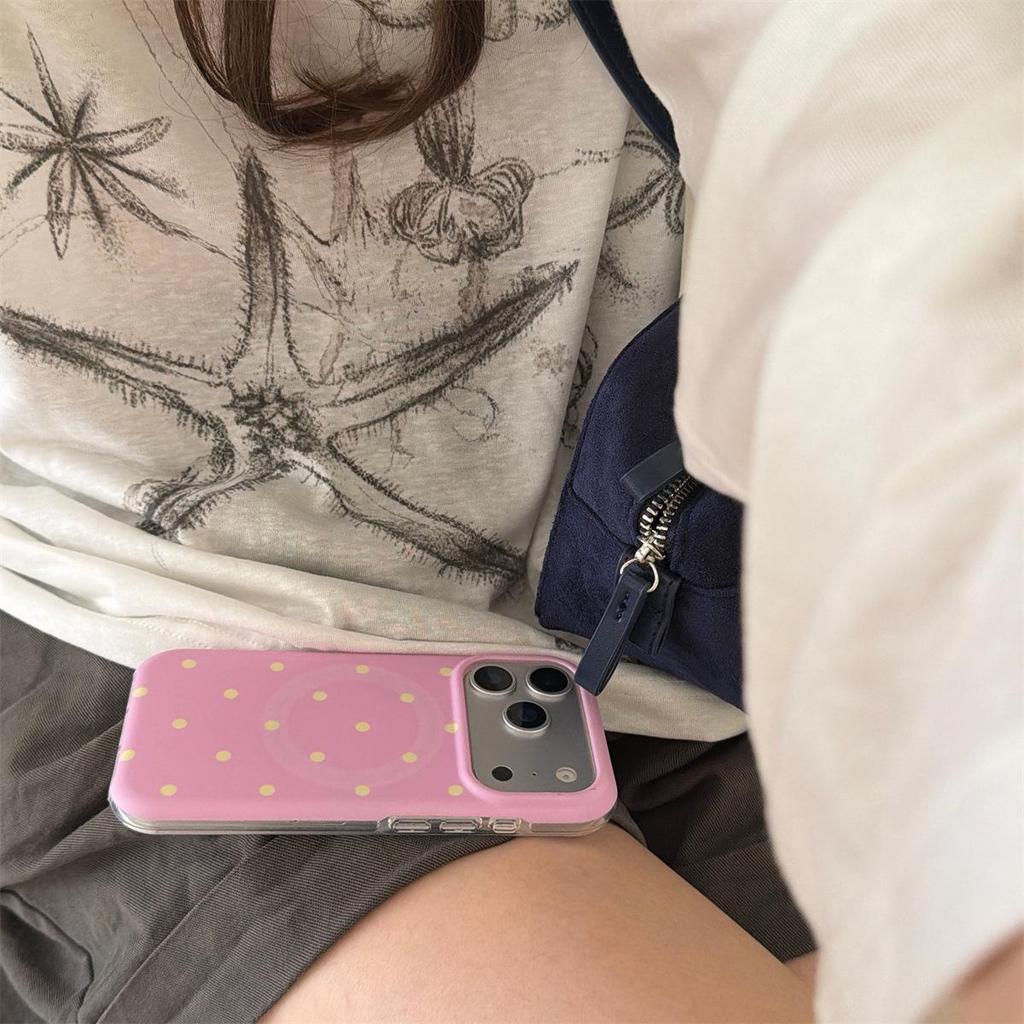 Магнитный чехол для iPhone 14/13 с закругленными краями и рисунком в горошек, совместим с Apple 17/16/15 PROMAX, противоударный дизайн.