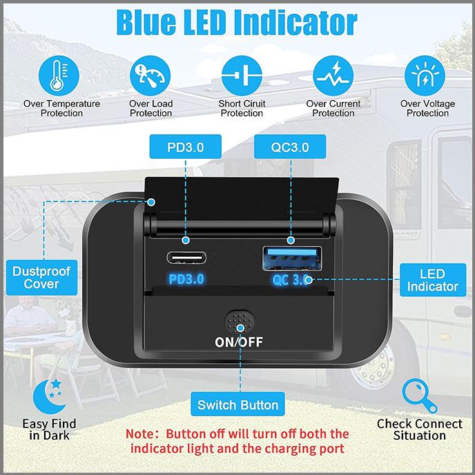 Car rv QC3.0+PD3.0 fast charge Qualcomm high power 12-24V with ON-OFF button