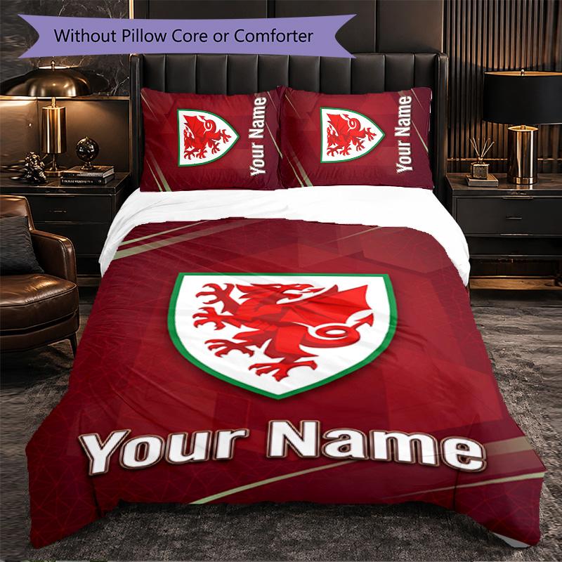 Постельное белье с индивидуальным именем и текстом 'Wales Rugby', 1 пододеяльник и 2 наволочки, Персонализированный подарок для спальни