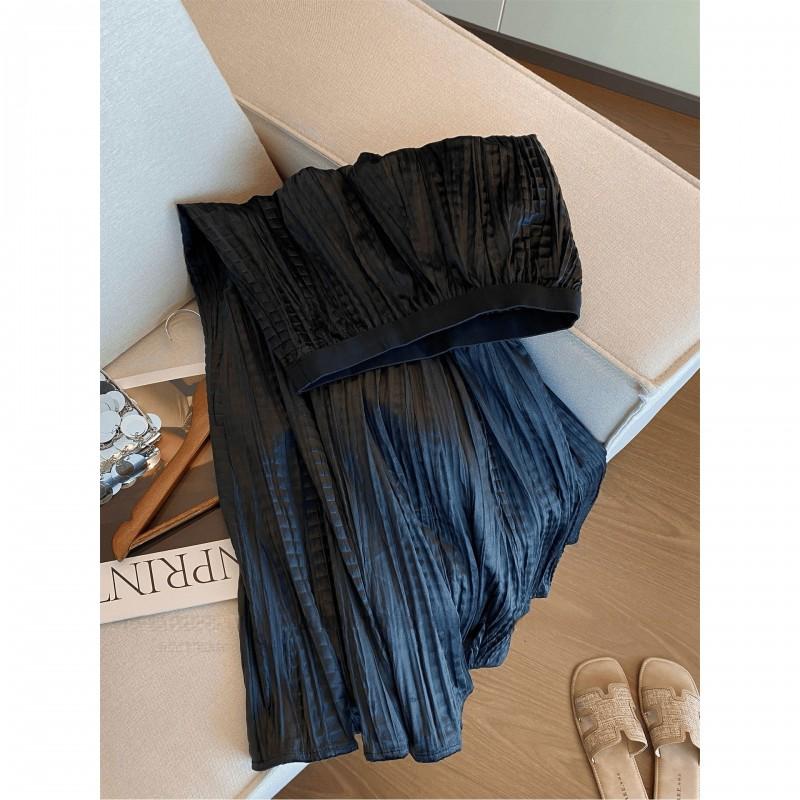 Womens Velvet High-Waist A-Line Midi Skirt With Pleats 2026 Chic Office Wear