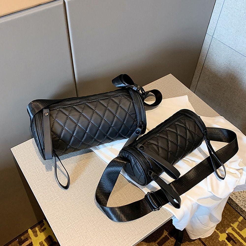 Plaid Nylon Shoulder Bag Korean Style Cylinder Bag Simple Rhombus Crossbody Bag Office Worker